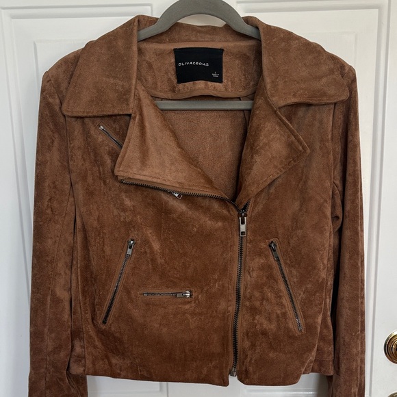 Olivaceous Brown Faux Suede Moto Jacket Size Large | Soft Zip-Up Biker Style - Picture 2 of 14